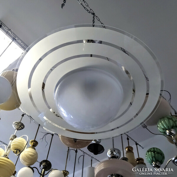 Refurbished art deco nickel-plated wedding lamp - milk glass shade + acid-etched glass disc (Saturn)