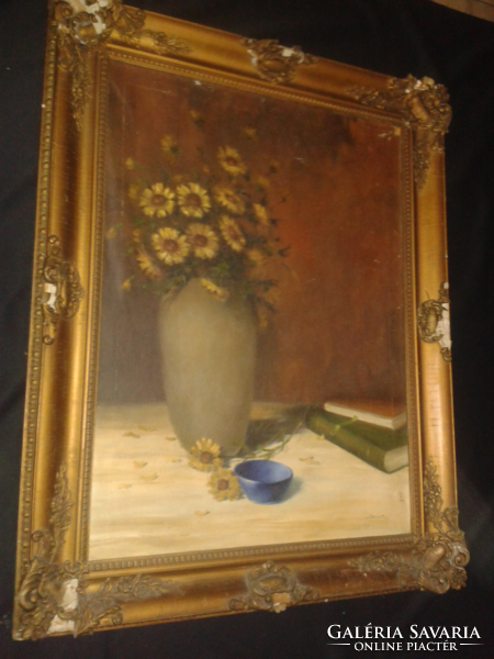 István Szobota (flower still life) framed painting 99cm x 79cm damaged