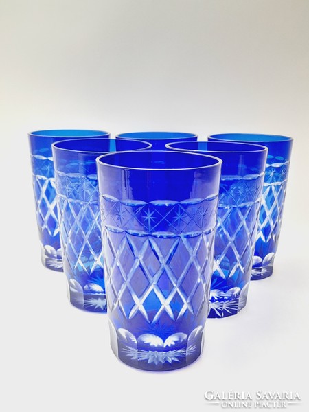 Csiszolt kék nagyméretű üveg pohár készlet, 4,5 dl, 6 db egyben
