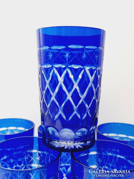 Set of polished blue large glass glasses, 4.5 dl, 6 in one
