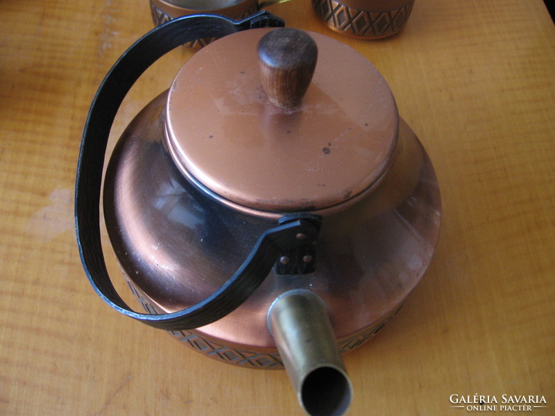 Retro jénai üveg teás, kávés, forralt boros készlet kannával, 6 pohár réz tartóban