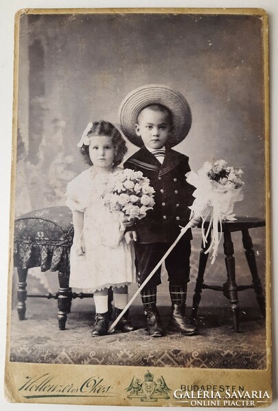 Antique cabinet photo, cute children, 16.2x10.5 cm, Hollenzer and Okos, Budapest around 1890