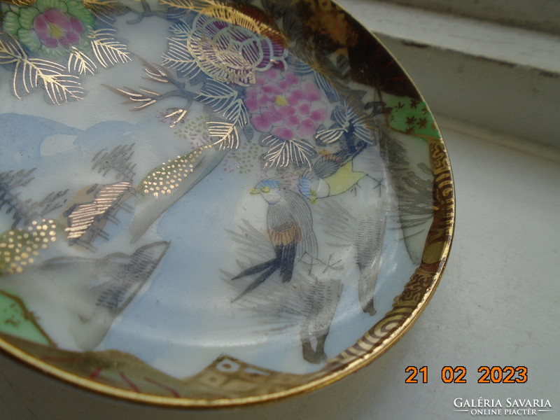 Antik kézzel festett,aranykontúrozott tojáshéj porcelán japán tálka ,madár páros és virág mintával