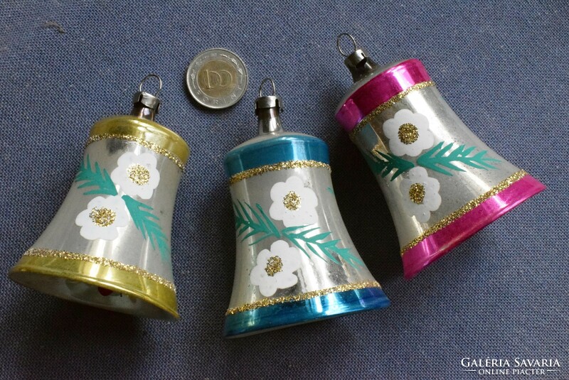 3 pieces old glass bell Christmas tree decoration 5.8 x 7.5 cm - painted, glitter