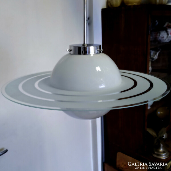 Refurbished art deco nickel-plated wedding lamp - milk glass shade + acid-etched glass disc (Saturn)