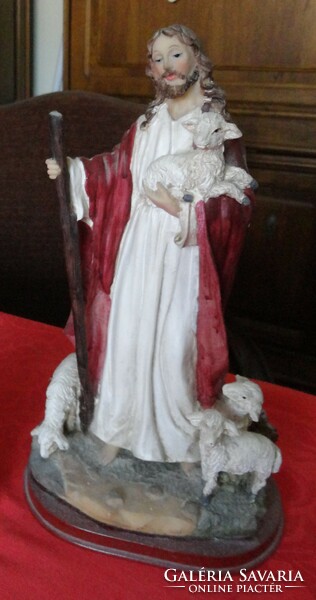 Jesus with lambs, painted wooden statue