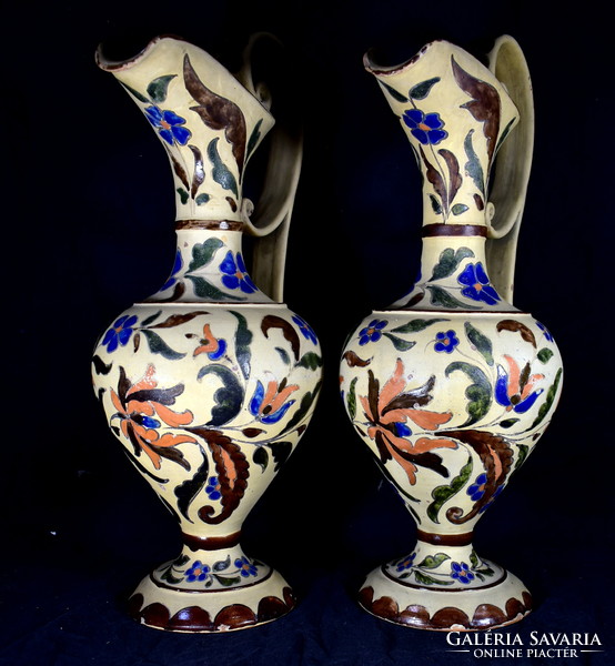 Balázs Badár (1855-1939) field trip, painted decorative decanter pair!