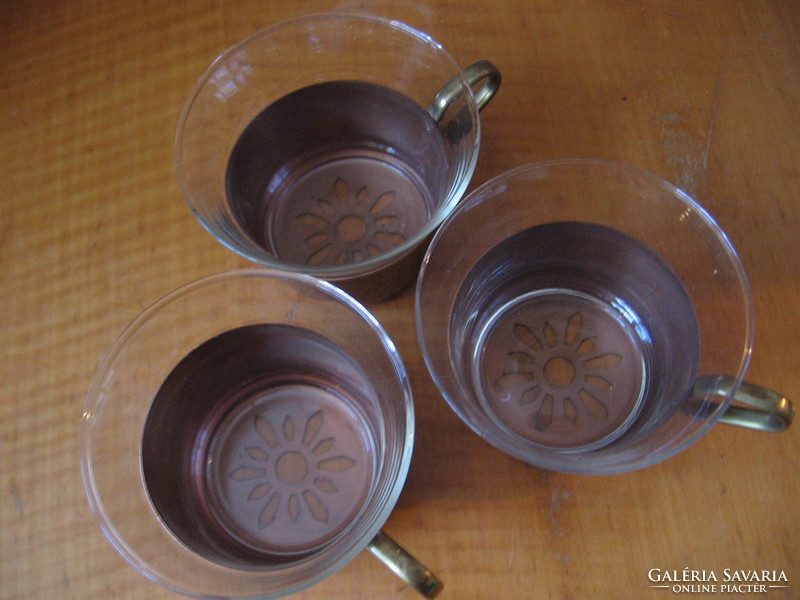 Retro jénai üveg teás, kávés, forralt boros 3 pohár réz tartóban