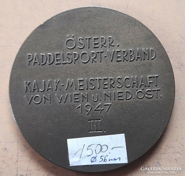 Austria kayak sports plaque 1947. 56 mm. (There is a post office) !