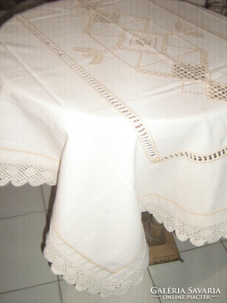 Beautiful hand-crocheted edge embroidered azure woven tablecloth