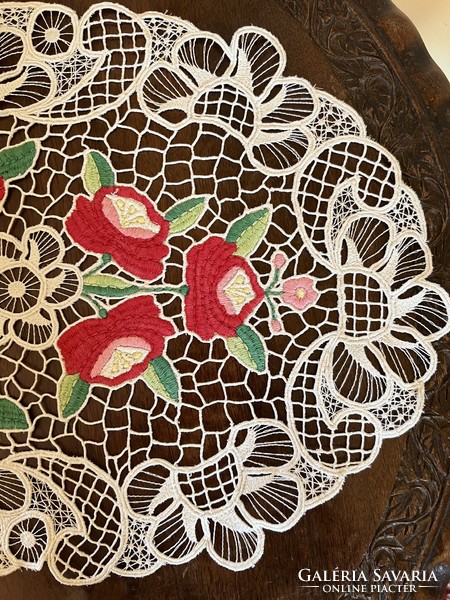 Kalocsai hand-embroidered rosette tablecloth, table center 53x30 cm
