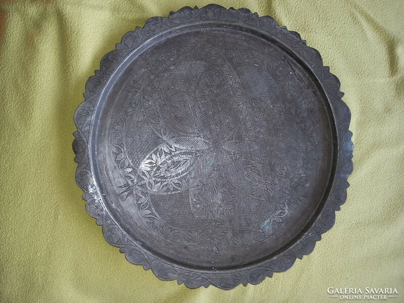 Antique 19th century large 39cm hammered chiseled engraved tinned red copper oriental bowl serving tray