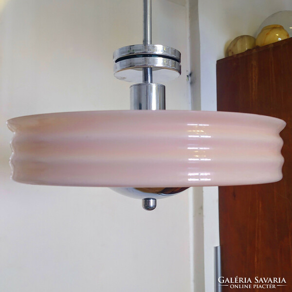 Art deco - streamlined 3-burner chandelier renovated - pink shade