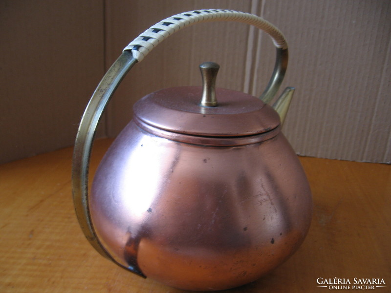 Retro copper tea pot with braided handle, 9 Jena glass cups in copper inserts for tea, mulled wine, coffee