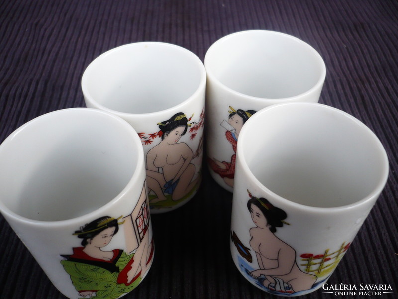 4 oriental erotic geisha pattern sake glasses