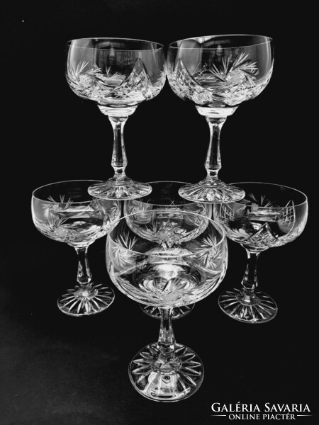 Set of polished crystal stemmed champagne or liqueur glasses, 6 pieces in one