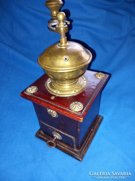 Antique 19th century special brass-plated large wooden mahogany ?? Copper coffee grinder