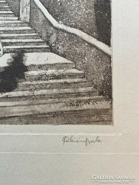 Gyula Fábián: on the steps of a fisherman's bastion - etching