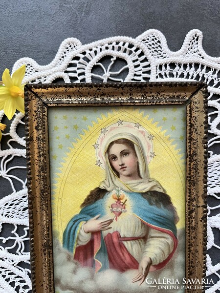 Régi szent kép, Szűz Mária kép patinás fém keretben