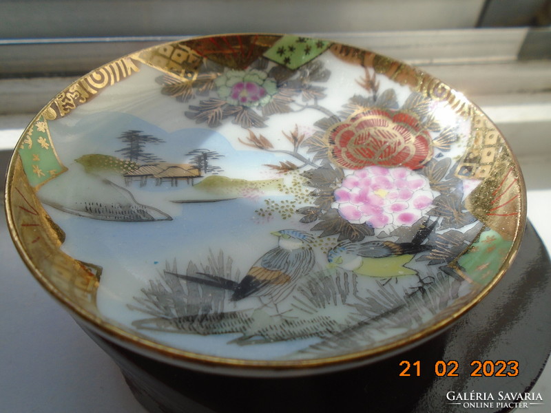 Antik kézzel festett,aranykontúrozott tojáshéj porcelán japán tálka ,madár páros és virág mintával