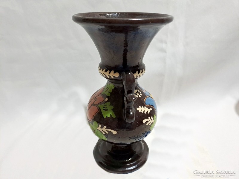 Very beautiful, hand-painted, marked Korund ceramic vase with handles, 19.5 cm
