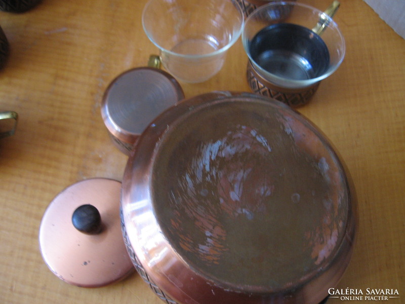 Retro Jena glass tea, coffee, mulled wine set with jug, 6 glasses in a copper holder