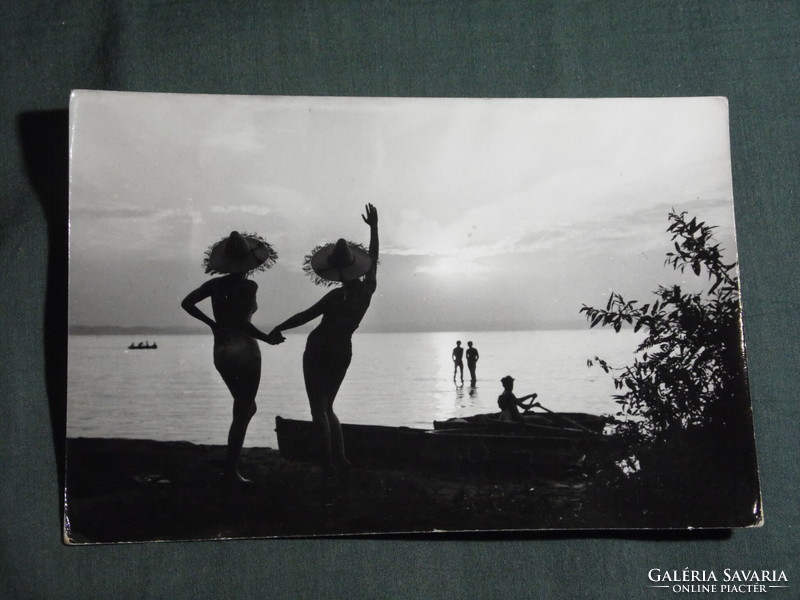 Postcard, Balaton beach detail with people, sunset