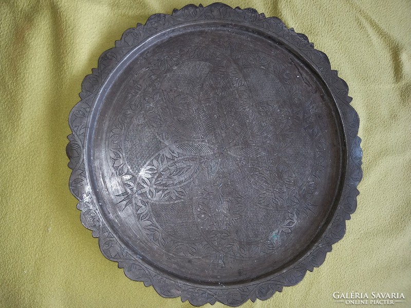 Antique 19th century large 39cm hammered chiseled engraved tinned red copper oriental bowl serving tray