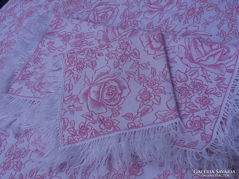 Antique Art Nouveau tablecloth + 6 textile napkins with jacquard pattern (148 x 148 cm)