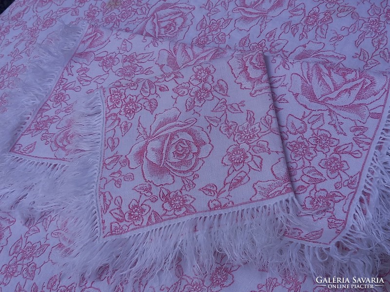 Antik szecessziós asztalterítő + 6 db textil szalvéta, jacquard mintaval (148 x 148 cm)