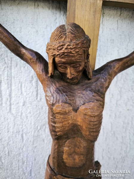 Wooden cross, crucifix, body of Jesus Christ statue, home-made, beautiful carving