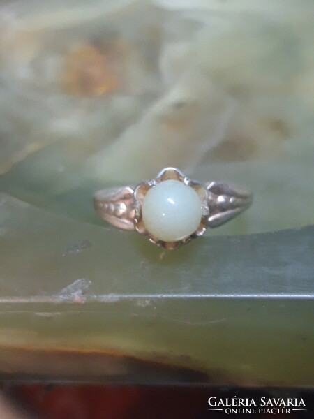 Old jade stone silver ring - size 54