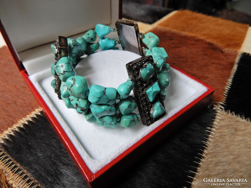 Old Chinese three-row silver bracelet with turquoise stones