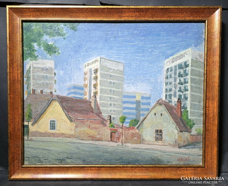 Czene Béláné Hikádi Erzsébet: Bécsi úti házak, 1968 (olajfestmény keretben) női festő - Budapest