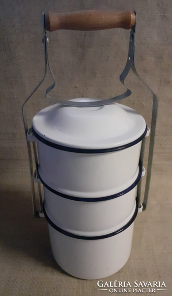 Old, well-preserved, white enameled 3-part food barrel, with food