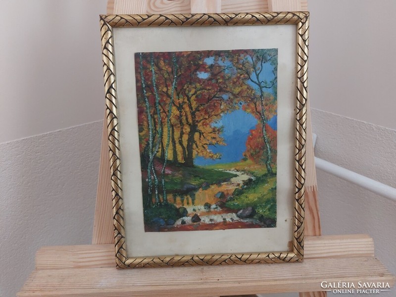 (K) forest landscape painting with stream 27x34 cm frame