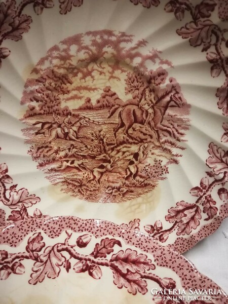 English porcelain small plate, decorated with a pink equestrian scene