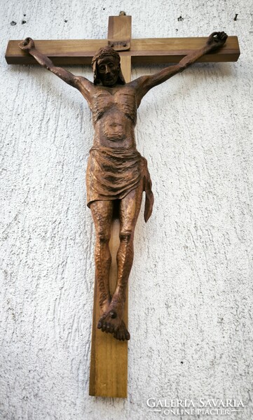 Wooden cross, crucifix, body of Jesus Christ statue, home-made, beautiful carving