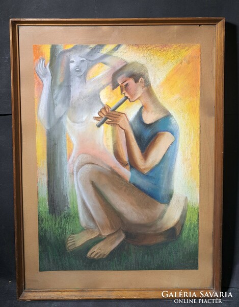 Art deco scene with nude, boy playing flute (pastel) Székely sign