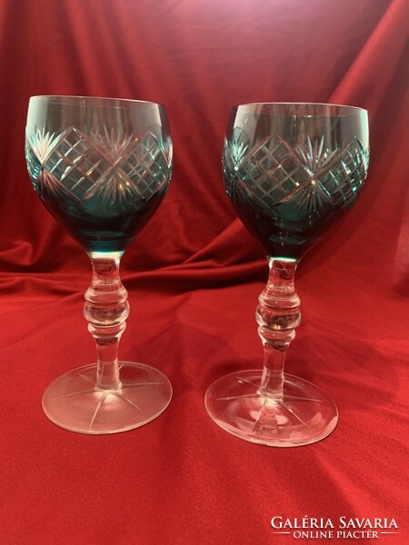 2 darabos kézi csoszolású kék ólomkristály talpas boros pohár