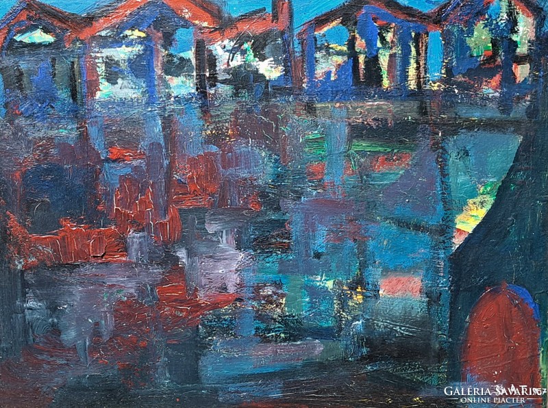 Éjszakai fények (olajfestmény keretben) B. A. T. szignó, 1950-es évek