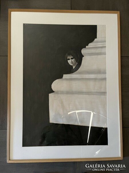 László Fehér (1953): judith behind the column (2002) auctioned, pastel, paper painting!
