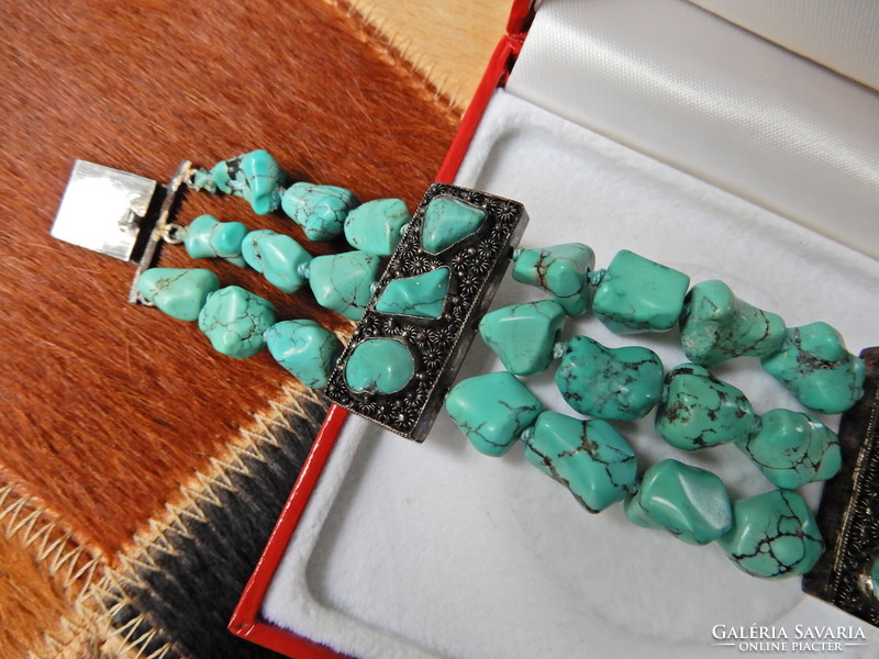 Old Chinese three-row silver bracelet with turquoise stones