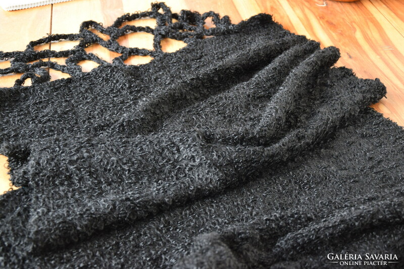 Antique old folk thick bouclé shawl shoulder scarf folk costume wear thick black 175 plus fringe