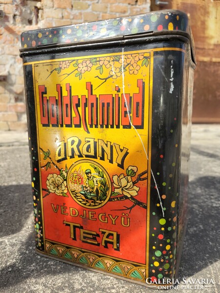 Gyönyörű nagyméretű antik teás pléh doboz