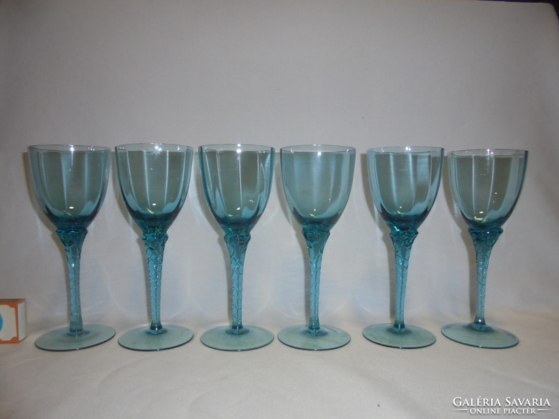 Six blue, twisted-stem glass stemmed glasses - together