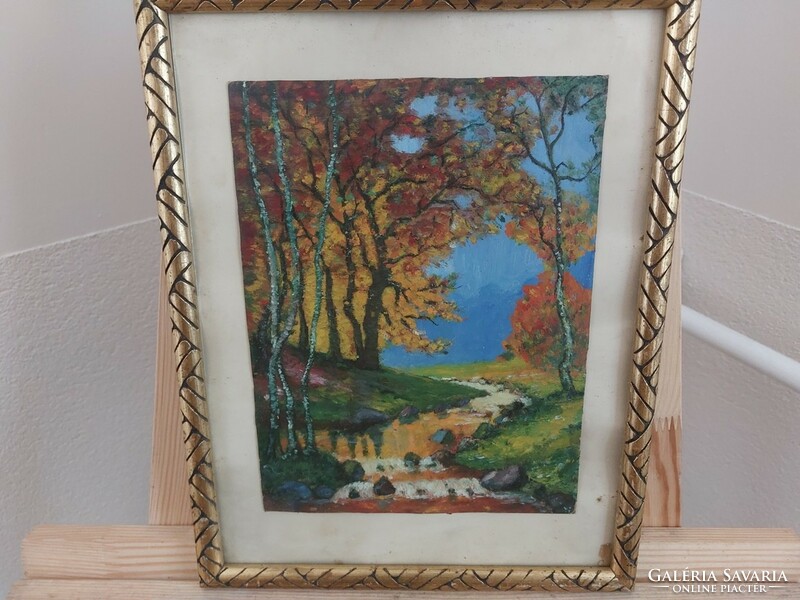 (K) forest landscape painting with stream 27x34 cm frame