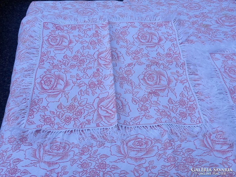 Antique Art Nouveau tablecloth + 6 textile napkins with jacquard pattern (148 x 148 cm)