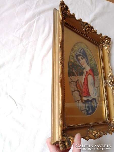 Antique old gold blondel picture frame with oval mount, inside goblet picture, 33.5x43 cm