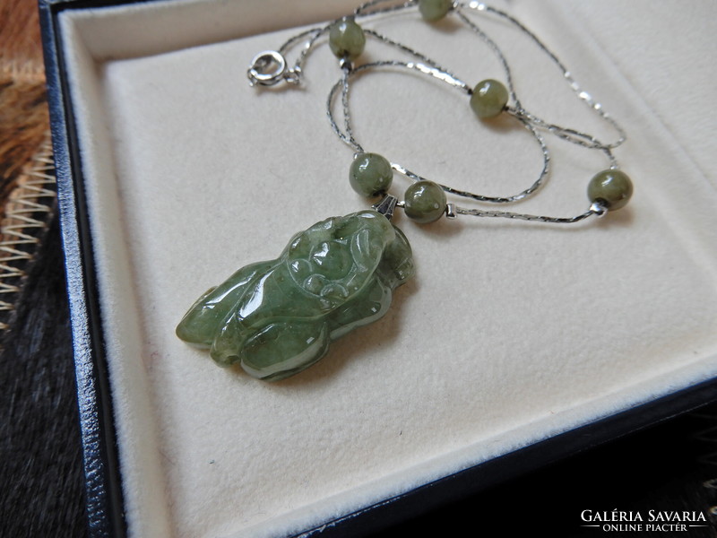 Old Chinese carved green mineral stone necklace with animal motif